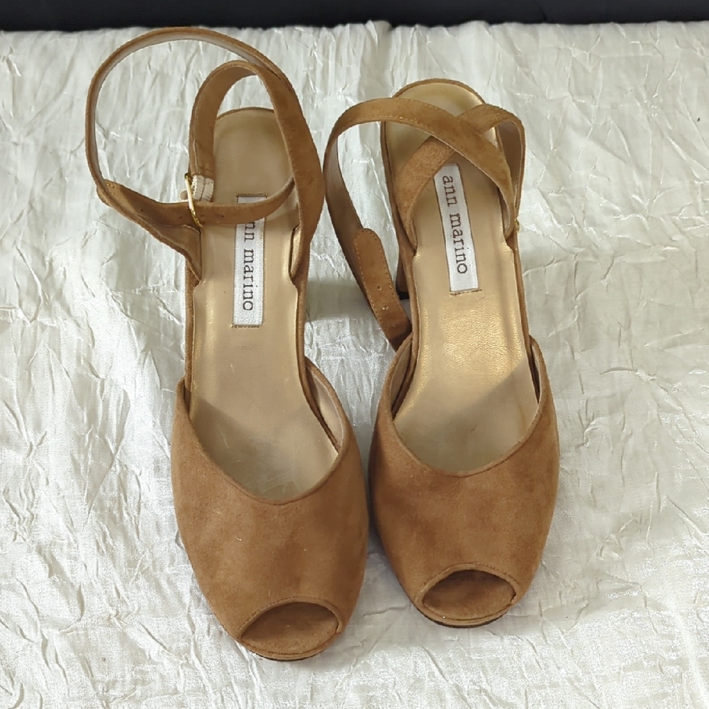 Ann Marino Tan Suede Peep-Toe Heels
